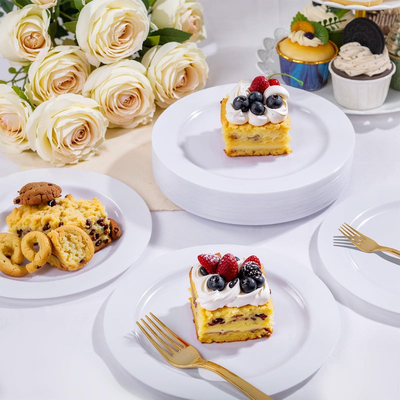 WELLIFE 100PCS White Plastic Dessert Plates and 100PCS Gold Disposable Forks, Premium Hard Dessert Plate 7.5â€, Appetizer Plastic Plates for Party and Wedding - Image 5
