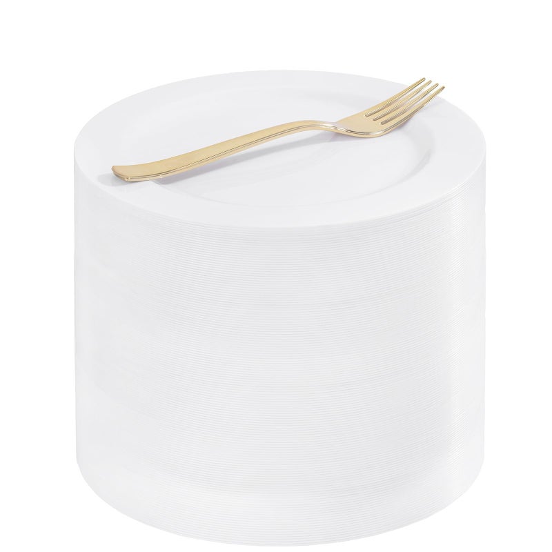 WELLIFE 100PCS White Plastic Dessert Plates and 100PCS Gold Disposable Forks, Premium Hard Dessert Plate 7.5â€, Appetizer Plastic Plates for Party and Wedding - Image 1