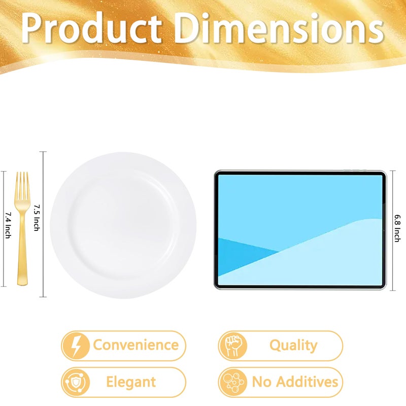 WELLIFE 100PCS White Plastic Dessert Plates and 100PCS Gold Disposable Forks, Premium Hard Dessert Plate 7.5â€, Appetizer Plastic Plates for Party and Wedding - Image 2