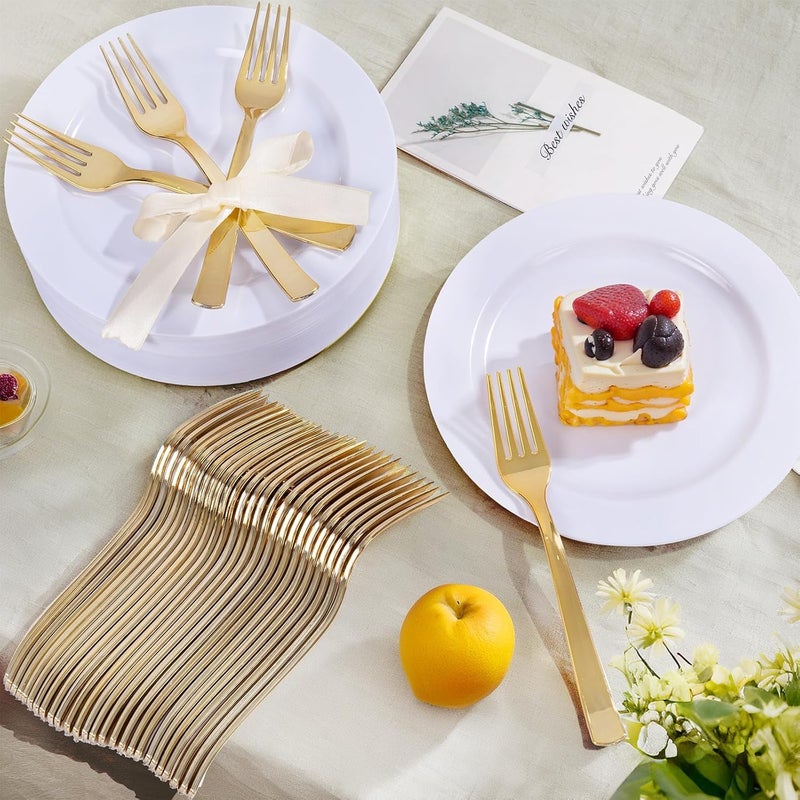 WELLIFE 100PCS White Plastic Dessert Plates and 100PCS Gold Disposable Forks, Premium Hard Dessert Plate 7.5â€, Appetizer Plastic Plates for Party and Wedding - Image 3
