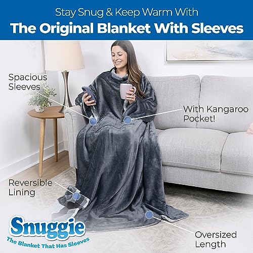 Snuggie Reversible The Original Wearable Blanket with Sleeves & Pocket for Adults| Functional Warm Cozy Super Soft Velveteen Grey/Plaid - Image 3