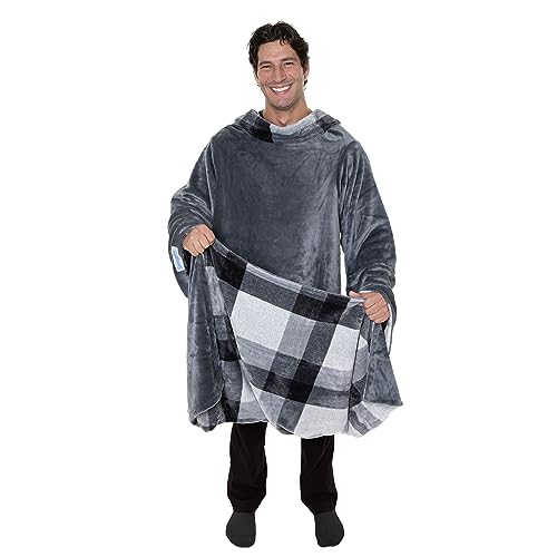 Snuggie Reversible The Original Wearable Blanket with Sleeves & Pocket for Adults| Functional Warm Cozy Super Soft Velveteen Grey/Plaid - Image 1