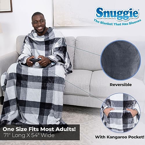 Snuggie Reversible The Original Wearable Blanket with Sleeves & Pocket for Adults| Functional Warm Cozy Super Soft Velveteen Grey/Plaid - Image 2