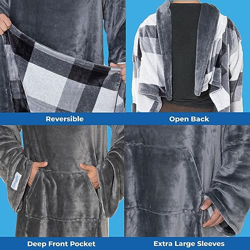 Snuggie Reversible The Original Wearable Blanket with Sleeves & Pocket for Adults| Functional Warm Cozy Super Soft Velveteen Grey/Plaid - Image 5