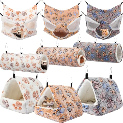 Abbylike 9 Pieces Rat Hammock 3 Tier Guinea Pig Ferret Hammocks Small Pet Hanging Tunnel Glider Toy Guinea Pig Ferret Hideout Bed Cage Accessories for HamsterLight Brown White BlackPaw - Image 1