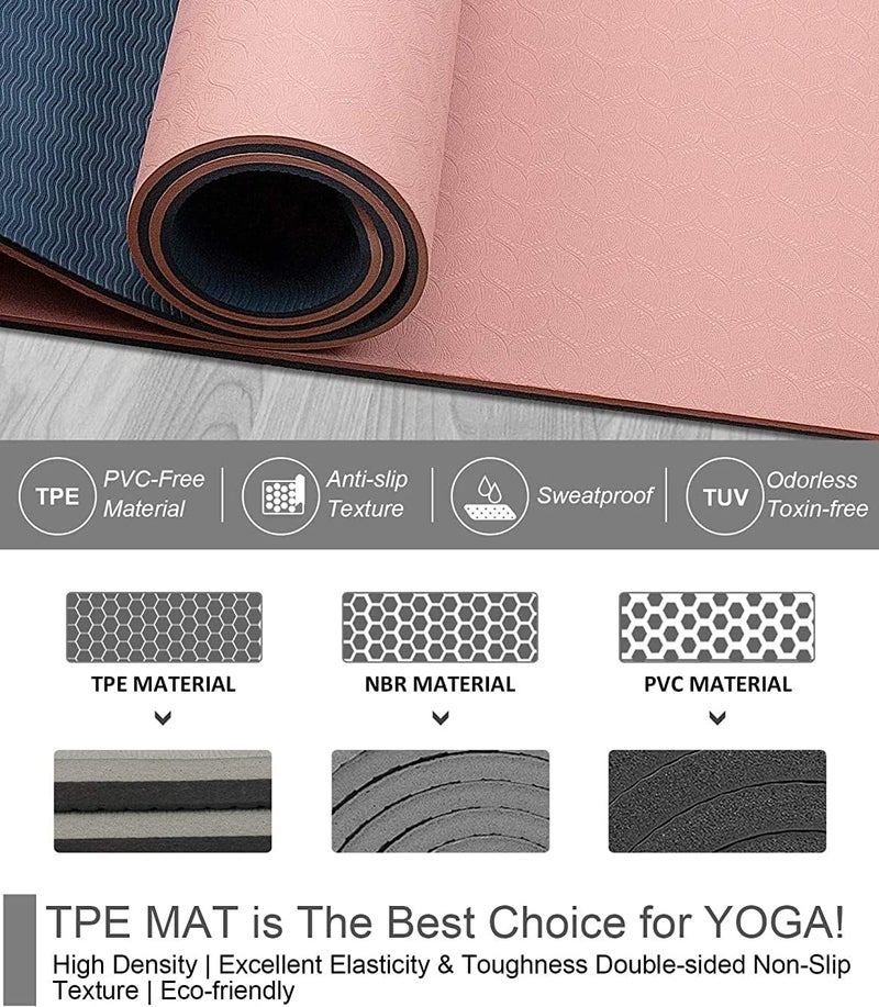 Non-Slip Yoga Mat with Alignment Marks - Eco-Friendly TPE, 183x61x0.6cm, Pink/Blue - Image 4