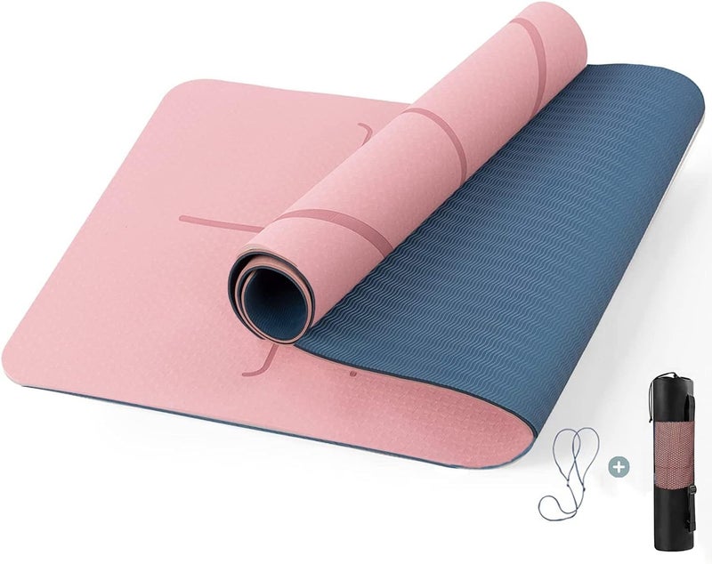 Non-Slip Yoga Mat with Alignment Marks - Eco-Friendly TPE, 183x61x0.6cm, Pink/Blue - Image 1