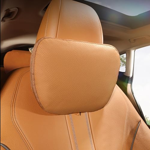 POKSRI Genuine Leather Car Neck Pillow for headrest,Support Drive Seats Head Cushion,Real Cow Leather,Plant-Based Polyester,Thickness & Height Adjustable,Inner Liner fillable(Orange Brown,1p) - Image 1