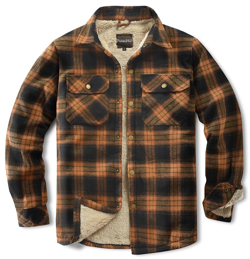 Puwasa Mens Sherpa Lined Cotton Flannel Shirt Jacket Plaid Button Up Jacket Coat for Men with Pocket Orange Medium