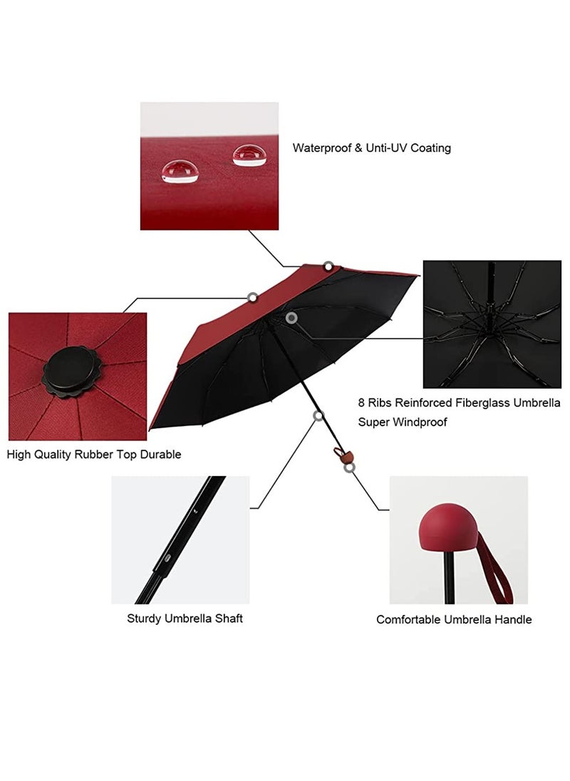 Excefore - Mini Windproof Folding Travel Umbrella, Sun & Rain Umbrellas, Compact Portable for Women Men, Red - Image 1