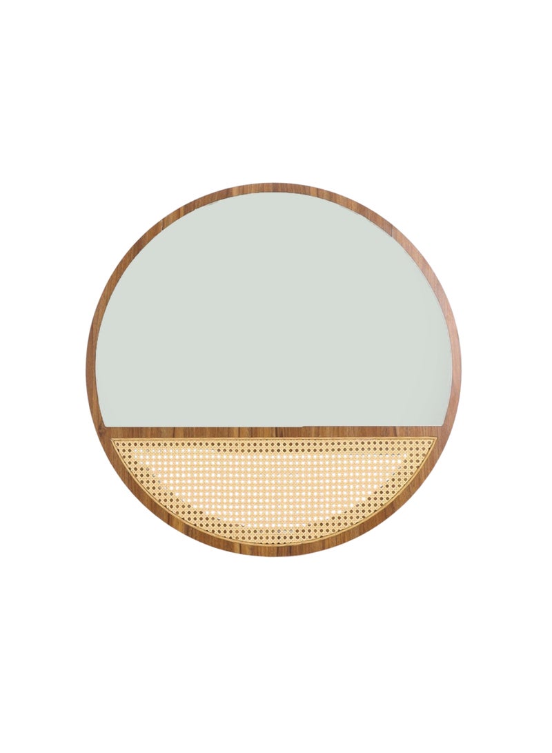 بكسل للأثاث مرآة حائط دائرية بتصميم الراتان وباطار وقاعدة خشب من بكسل الأثاث، لغرفة المعيشة والمداخل والتسريحة والحمام، 60 سم - Image 1