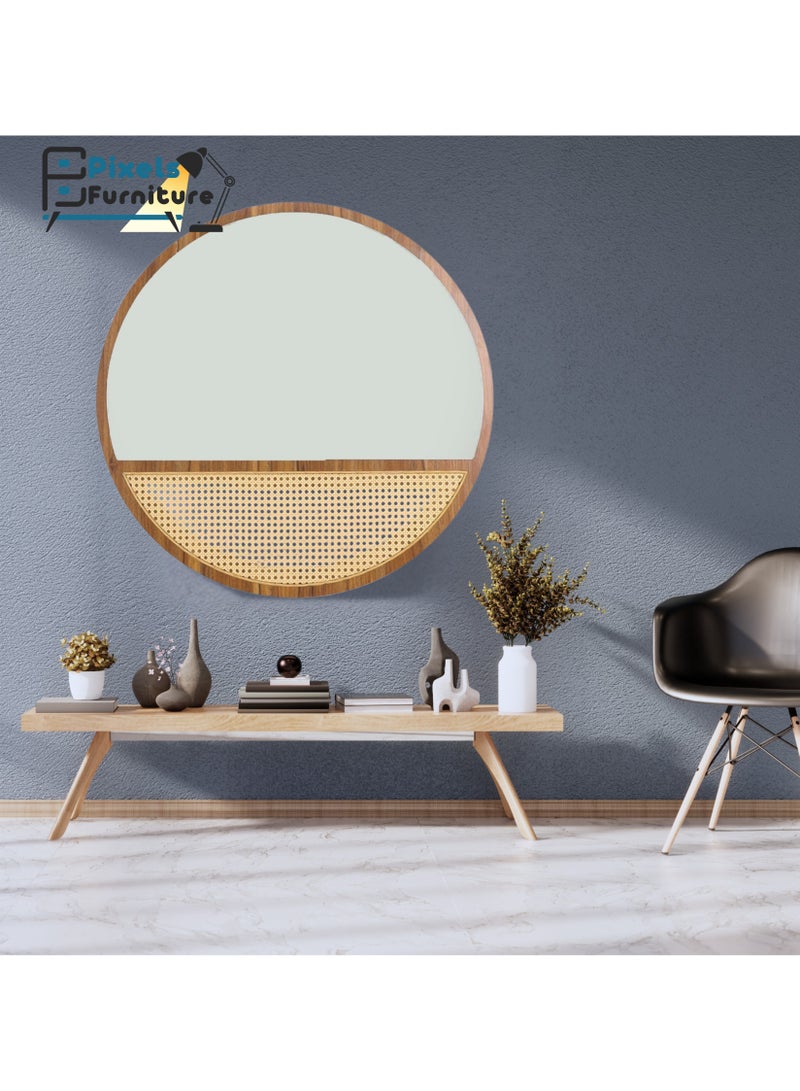 بكسل للأثاث مرآة حائط دائرية بتصميم الراتان وباطار وقاعدة خشب من بكسل الأثاث، لغرفة المعيشة والمداخل والتسريحة والحمام، 60 سم - Image 3