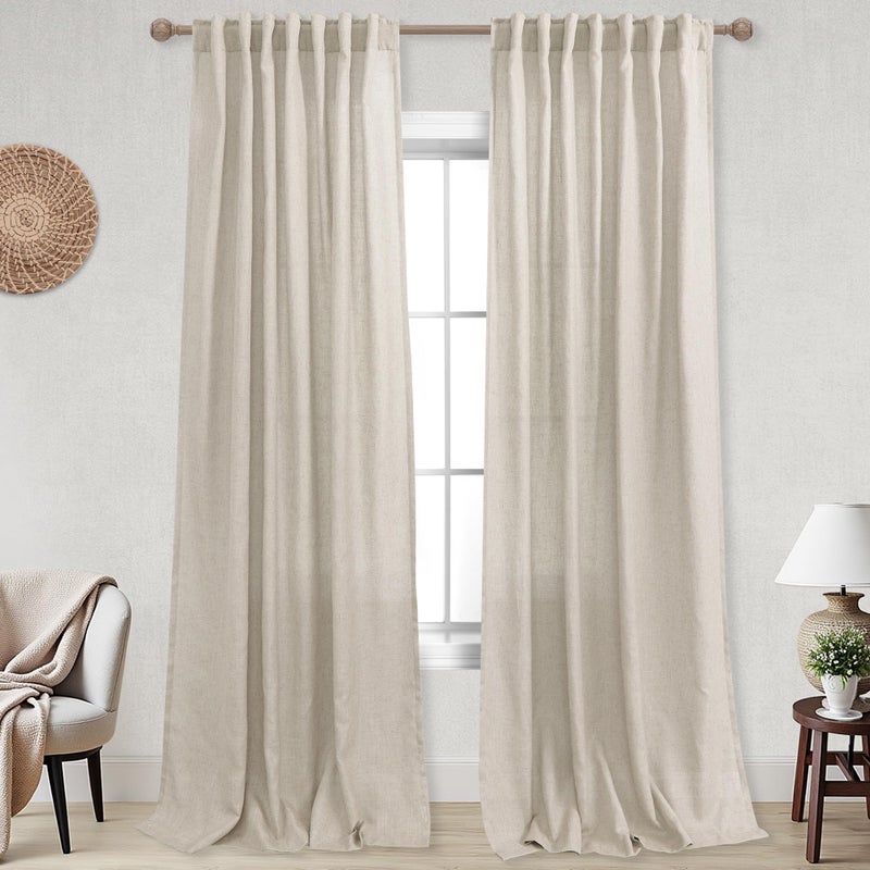 KOUFALL KOUFALL Tan Beige Curtains 108 Inches Long for High Ceiling Living Room 2 Panels Set Flax Linen Back Tab Light Filtering Semi Sheer Window Treatments Drapes for Family Room 