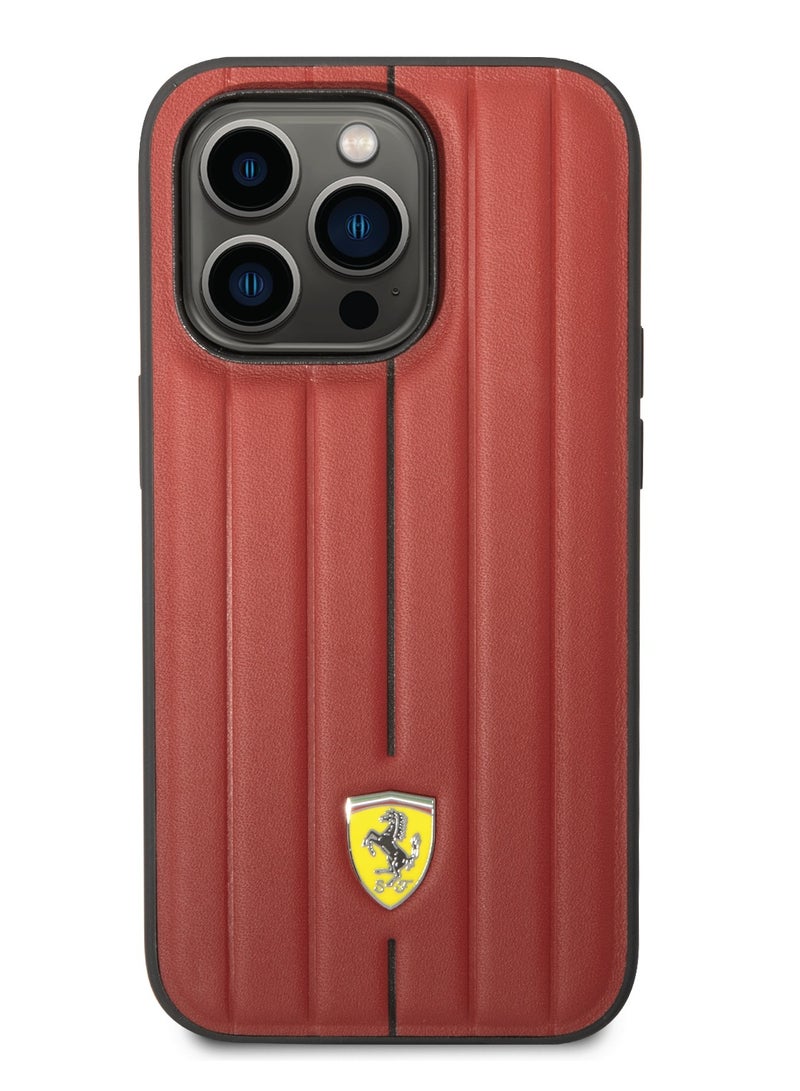 Ferrari Leather Case With Embossed Stripes & Yellow Shield Logo For iPhone 14 Pro Max - Image 1