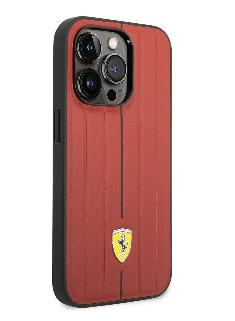 Ferrari Leather Case With Embossed Stripes & Yellow Shield Logo For iPhone 14 Pro Max - Image 2