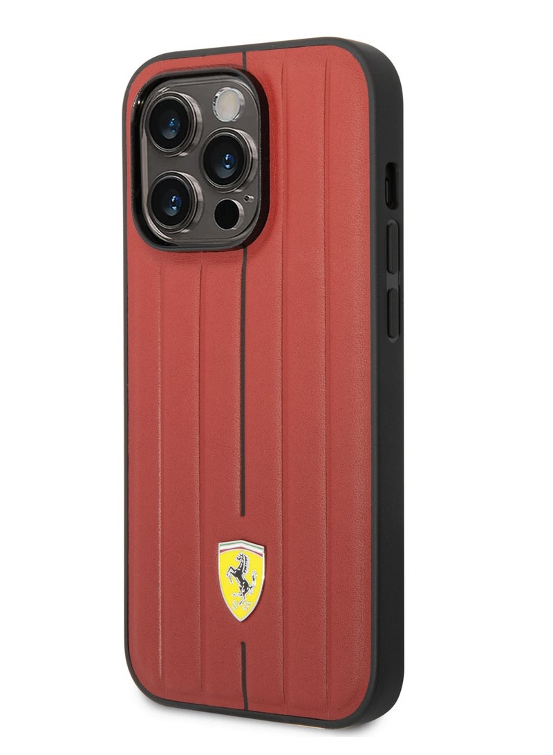 Ferrari Leather Case With Embossed Stripes & Yellow Shield Logo For iPhone 14 Pro Max - Image 3