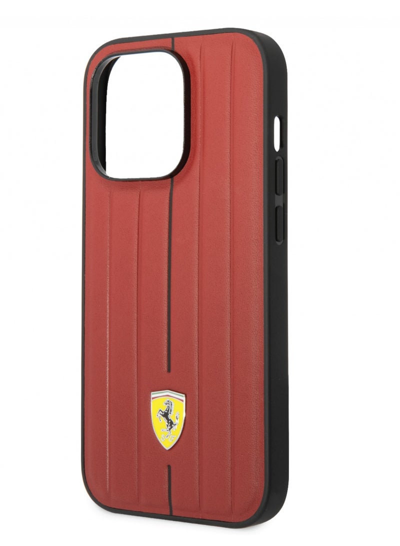 Ferrari Leather Case With Embossed Stripes & Yellow Shield Logo For iPhone 14 Pro Max - Image 4