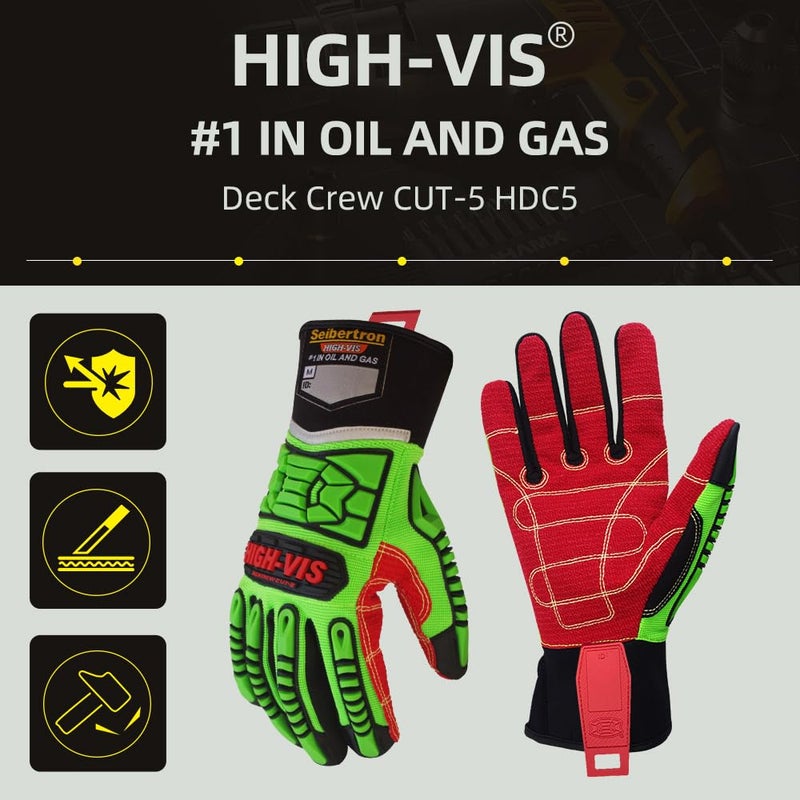 سيبرترون Seibertron High-Vis HDC5 المستوى 5 قطع قفازات Deckhand مقاومة الأداء عالية الأداء حماية تأثير النفط وقفازات سلامة الغاز CE EN388 4543 XS - Image 3