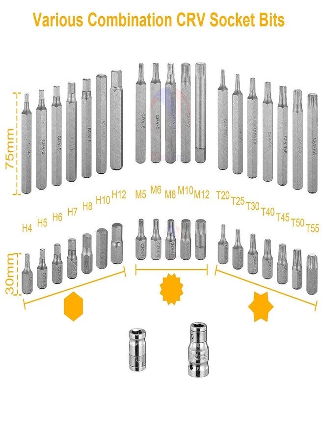 Mass Pro 40pc Torx Star Spline Hex Allen Key Socket Bit Set 3/8 & 1/2 Drive Alan T20-t55 Socket Set (Pack of 40), Chrome Vanadium Steel - Image 4