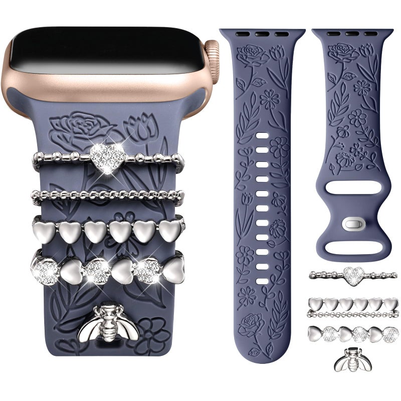 DaQin Flower Engraved Band Compatible with Apple Watch Bands for Women 40mm 38mm 41mm 42mm, Soft Silicone Strap With Dressy Decorative Apple Watch Charms for iWatch Series 11 10 9 8 7 6 5 4 3 2 1 SE - Image 1