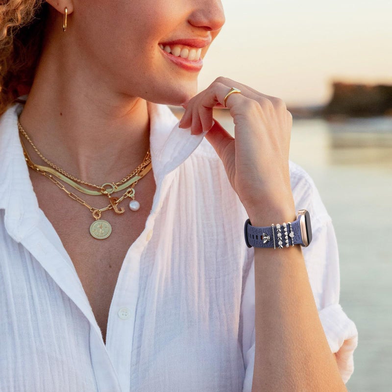 DaQin Flower Engraved Band Compatible with Apple Watch Bands for Women 40mm 38mm 41mm 42mm, Soft Silicone Strap With Dressy Decorative Apple Watch Charms for iWatch Series 11 10 9 8 7 6 5 4 3 2 1 SE - Image 2