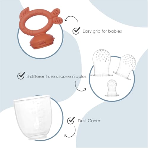 Cubkins 100% Silicone Fruit Feeder, Teether & Pacifier 3-in-1 for Baby 4M+ | BIS Certified, BPA-Free Food-Grade Silicone Nibbler with 3 Nipple Sizes (S/M/L) | Made in India (Apricot Orange) - Image 5