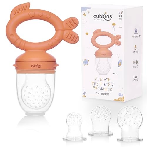 Cubkins 100% Silicone Fruit Feeder, Teether & Pacifier 3-in-1 for Baby 4M+ | BIS Certified, BPA-Free Food-Grade Silicone Nibbler with 3 Nipple Sizes (S/M/L) | Made in India (Apricot Orange) - Image 1
