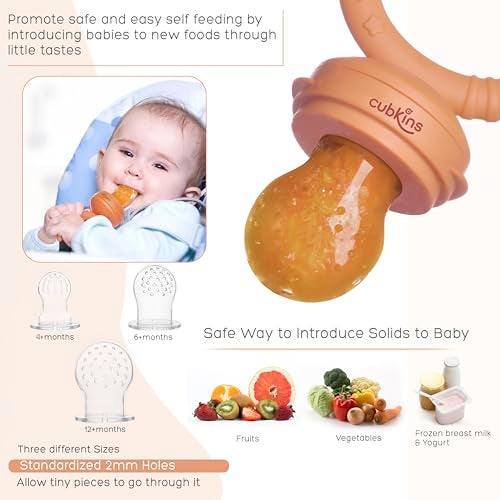 Cubkins 100% Silicone Fruit Feeder, Teether & Pacifier 3-in-1 for Baby 4M+ | BIS Certified, BPA-Free Food-Grade Silicone Nibbler with 3 Nipple Sizes (S/M/L) | Made in India (Apricot Orange) - Image 2