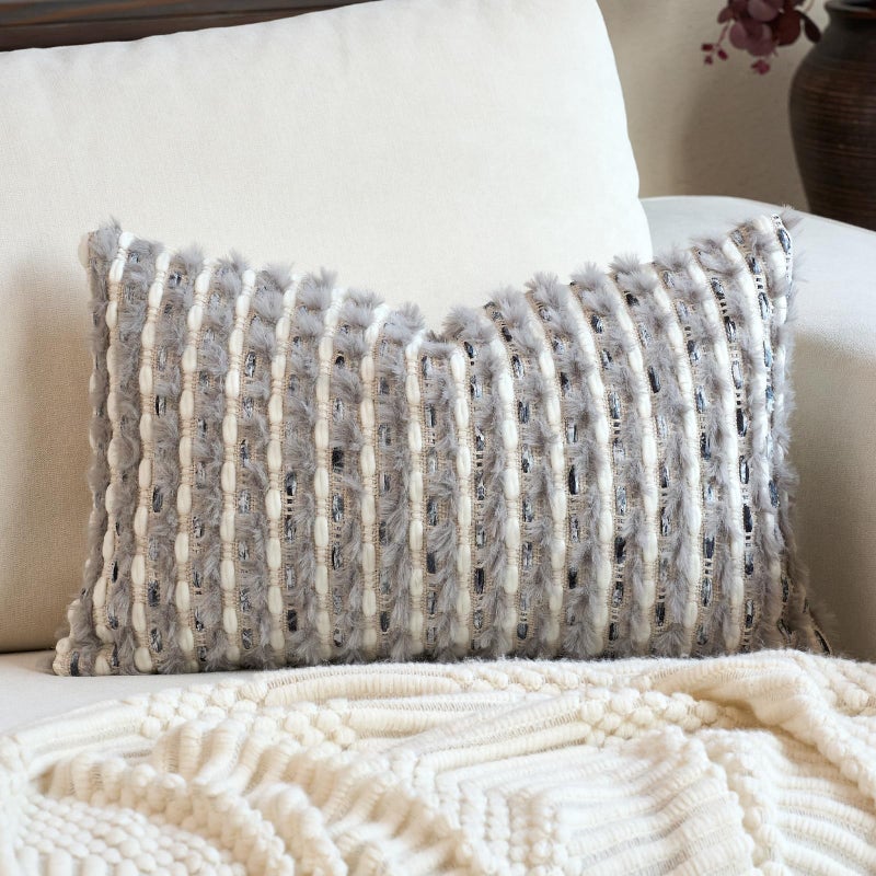 Aeckself Handmade Boho Chenille Tufted Pillow Cover 12x20 Inch, Rectangle Decorative Lumbar Throw Pillow Cover Neutral Pillowcase for Couch Bedroom Living Room, Grey Blue - Image 1
