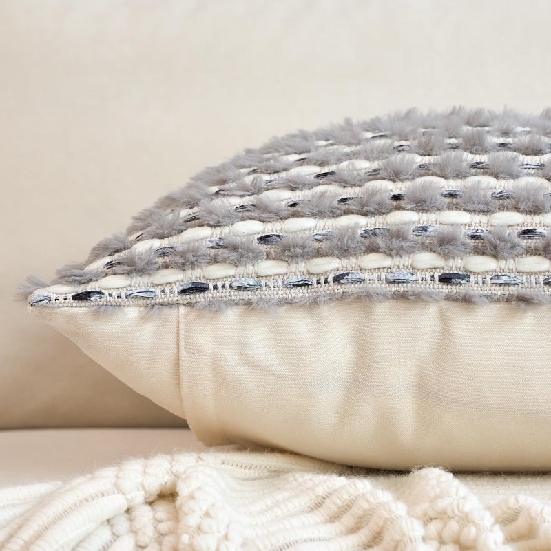 Aeckself Handmade Boho Chenille Tufted Pillow Cover 12x20 Inch, Rectangle Decorative Lumbar Throw Pillow Cover Neutral Pillowcase for Couch Bedroom Living Room, Grey Blue - Image 2