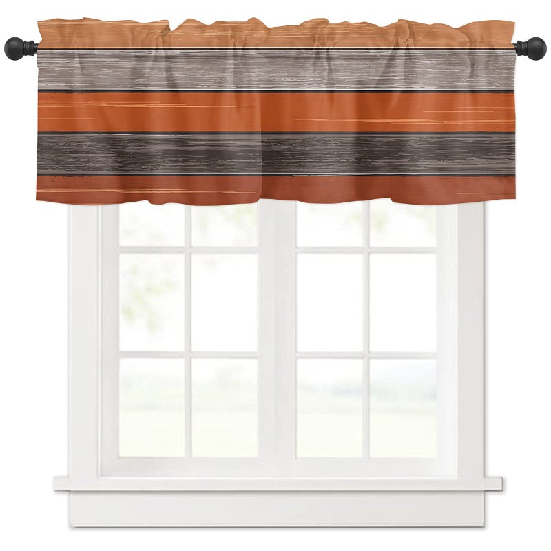 Vintage Farm Wood Grain Valance Curtains  Orange and Gray Gradient Window Decor for Living Room Bathroom Bedroom  Light Filtering Short Kitchen Curtain Rod Pocket 54x18