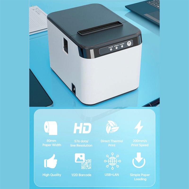 80mm Receipt Printer ESC/POS Thermal Printer Desktop Direct Print USB+LAN Connection High Efficiency with Auto Cutter Large Paper Bin for Shipping Business Restaurant Kitchen Supermarket Store Home Business Retail - Image 5