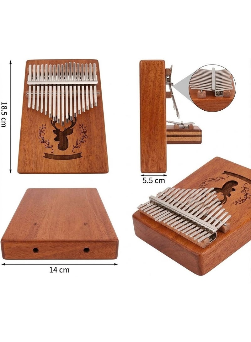 17-Key Wooden Kalimba Thumb Piano Mbira C Key Mahogany Body & Engraved Steel Bars with Tuning Hammer & Manual - Woody - Image 2