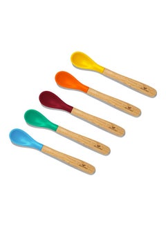 Avanchy ® Infant Baby Spoons Bamboo And Silicone Set Self Feeding Food Utensils 4 Months Baby Led Weaning 5 Pack With Blue Spoon  - Image 1