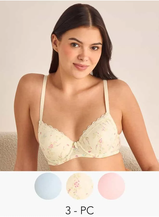 فاف Set of 3 - Assorted Demi Bra with Hook and Eye Closure
