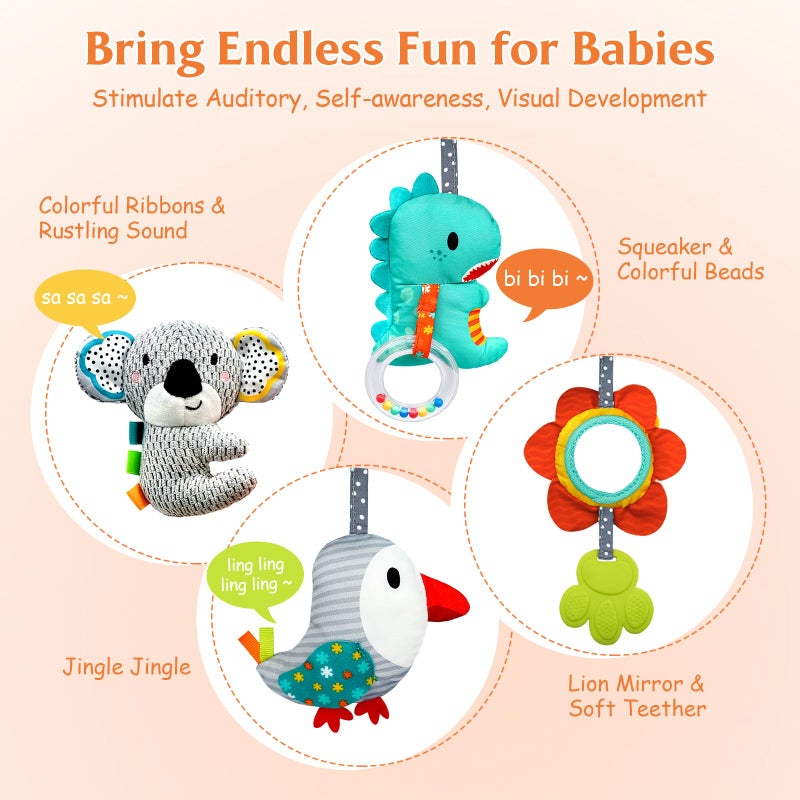 XIXILAND Car Seat Toys Baby Toys 0-3 Months Developmental, Stroller Toys Infant Toys 0-6 Months Newborn Toys, Carseat Toys for Infants 0-12 Months with Dinosaur, Lion Mirror, Teether - Image 3