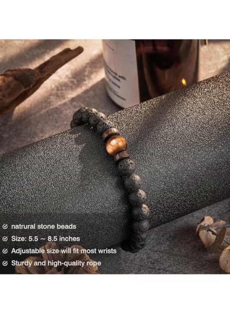 Gecomo Handmade Natural Stone Bead Bracelet with 8mm Lava Rock and Tiger Eye Stones, Adjustable - Image 3
