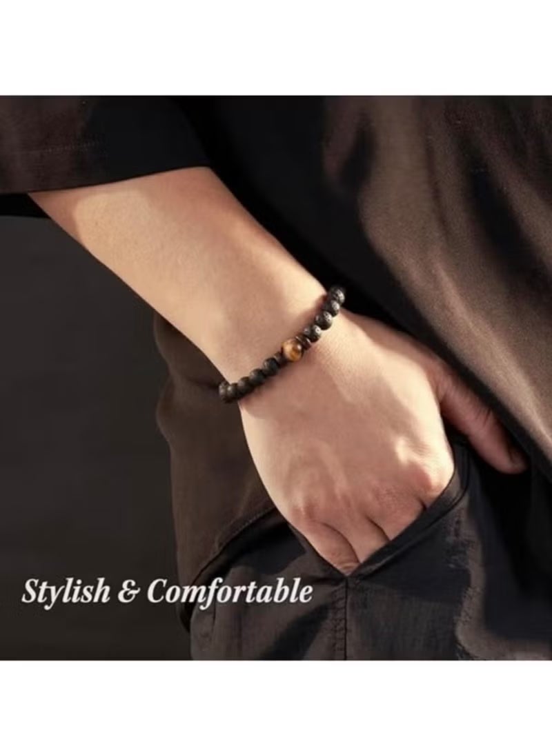 Gecomo Handmade Natural Stone Bead Bracelet with 8mm Lava Rock and Tiger Eye Stones, Adjustable - Image 2