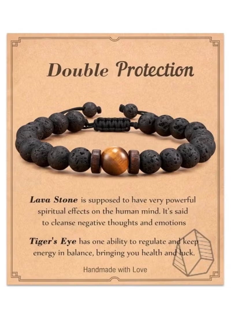 Gecomo Handmade Natural Stone Bead Bracelet with 8mm Lava Rock and Tiger Eye Stones, Adjustable - Image 1