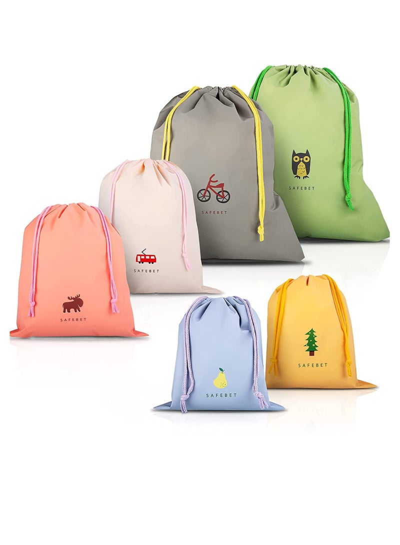 Zikra Waterproof Drawstring Bags, 6 Pack PE Bags Drawstring Gym Bags Small Medium Large Drawstring Bag for Sports Swim Travel Shoe Storage 6 Patterns 3 Sizes - Image 1