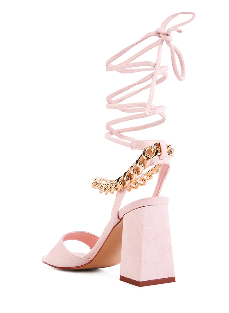 London Rag Peach Chain Detail Tie Up Block Heels