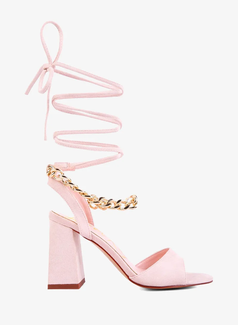 Peach Chain Detail Tie Up Block Heels