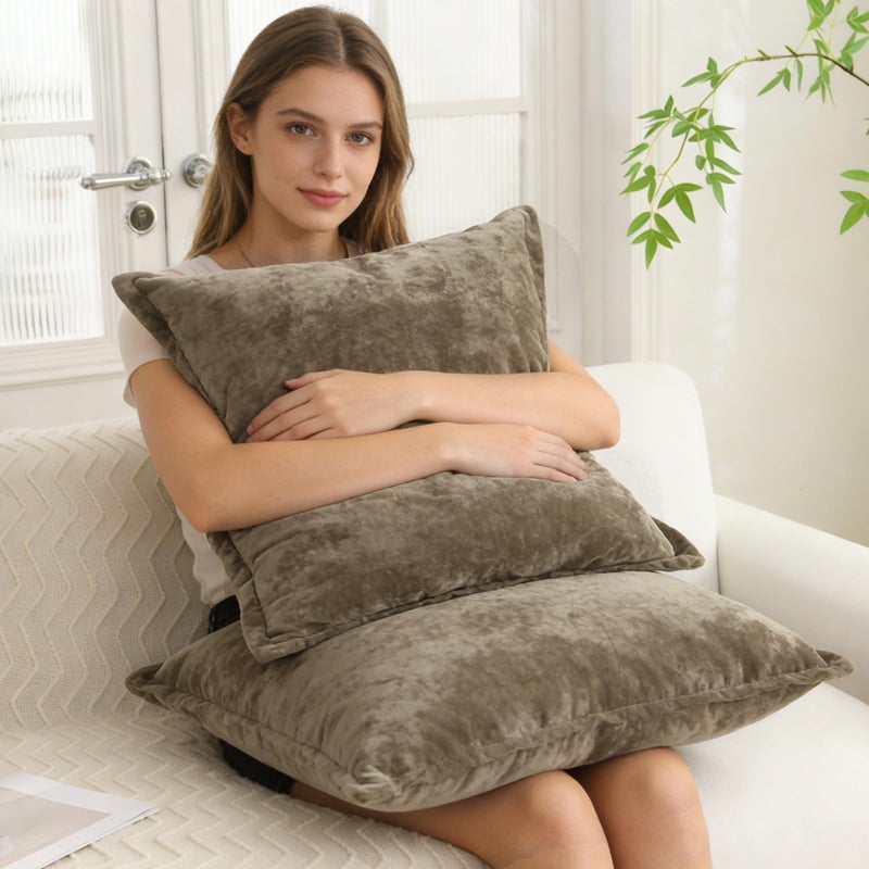 LR Rocaloca Greek Velvet Euro Sham Covers Set of 2 26x26 Luxury Soft Solid Pillow Covers for Living Room Bedroom Yard,Brown - Image 4