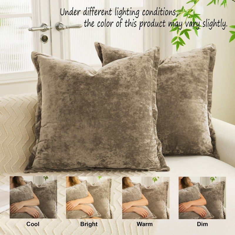 LR Rocaloca Greek Velvet Euro Sham Covers Set of 2 26x26 Luxury Soft Solid Pillow Covers for Living Room Bedroom Yard,Brown - Image 3