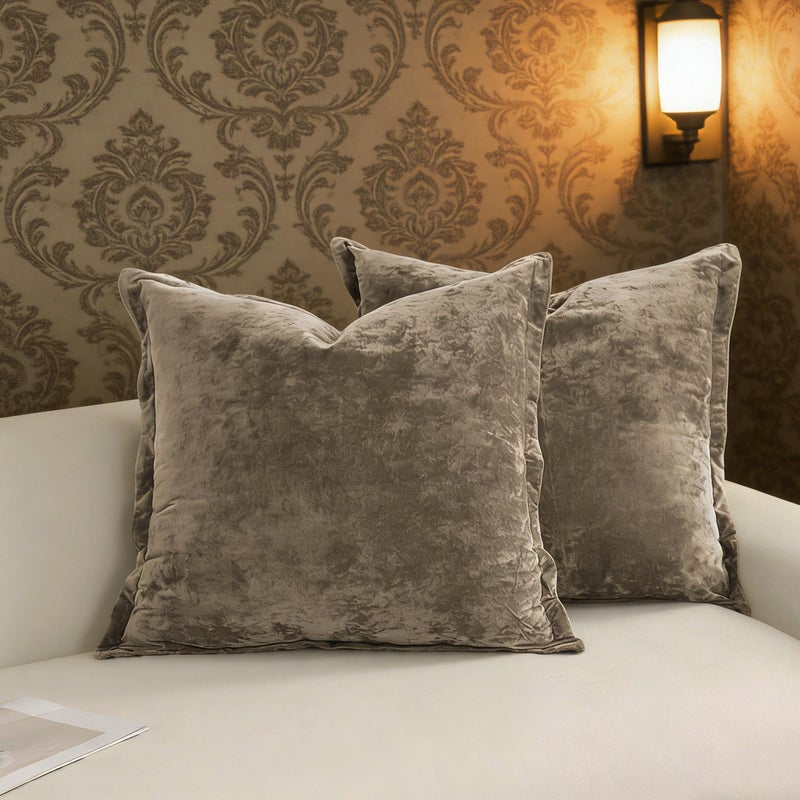 LR Rocaloca Greek Velvet Euro Sham Covers Set of 2 26x26 Luxury Soft Solid Pillow Covers for Living Room Bedroom Yard,Brown - Image 1