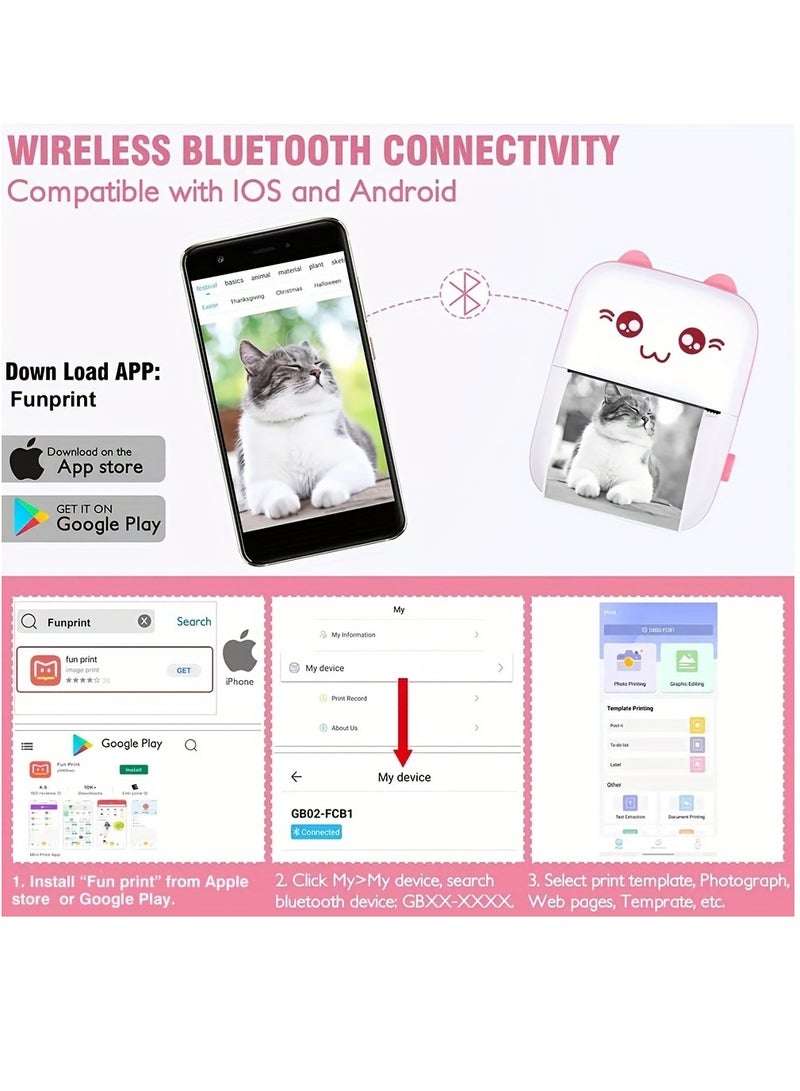 Mini Printer Portable Thermal Printer with 1 Roll Paper Mini Pocket Printer Wireless Bluetooth Thermal Printer with Thermal Printing Paper USB Cable for Note Photo Web Document Printing Label Receipt - Image 4