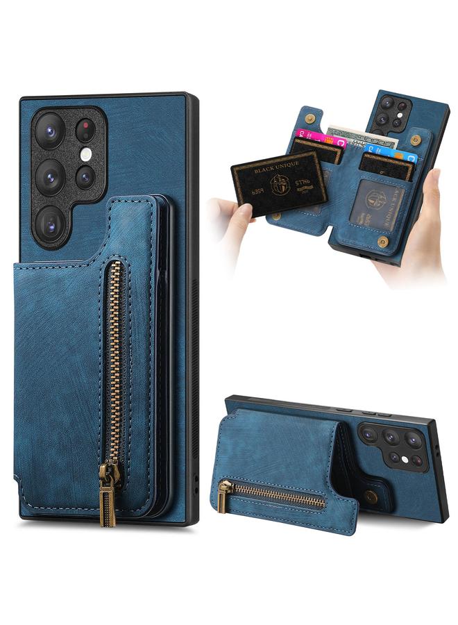 Green Tiger For Samsung Galaxy S22 Ultra 5G Retro Leather Zipper Wallet Back Phone Case(Blue)