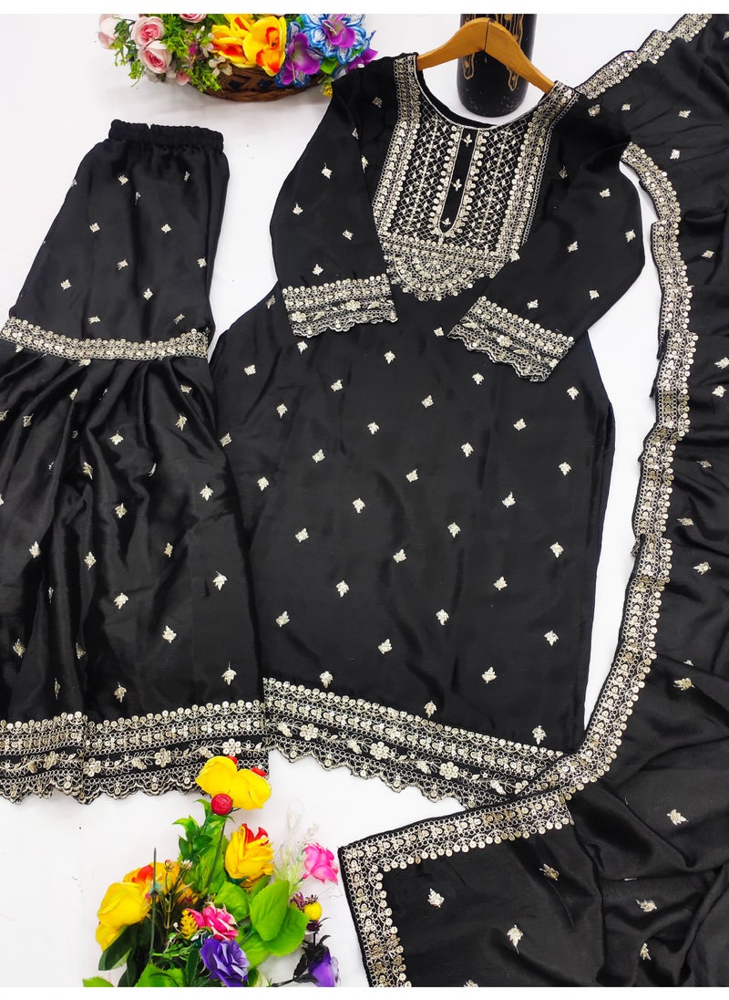 Super Asian Elegant Chinnon Sharara Set with Dupatta – Sequin Embroidery Work | Fully Stitched & Ready to Wear  - Image 1