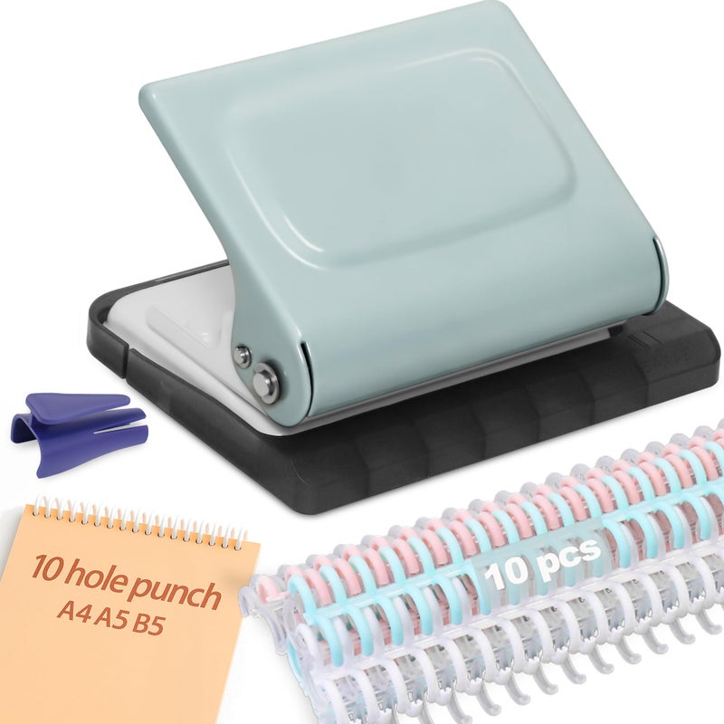 Hoqqf 10 Hole Punch Binding Machine for Planners with 10 MultiColor Binder Rings 30 Holes on A4 20 Holes on A5 26 Holes on B5 10 Sheet Capacity Pale Blue - Image 2