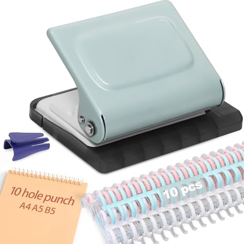 Hoqqf 10 Hole Punch Binding Machine for Planners with 10 MultiColor Binder Rings 30 Holes on A4 20 Holes on A5 26 Holes on B5 10 Sheet Capacity Pale Blue - Image 1